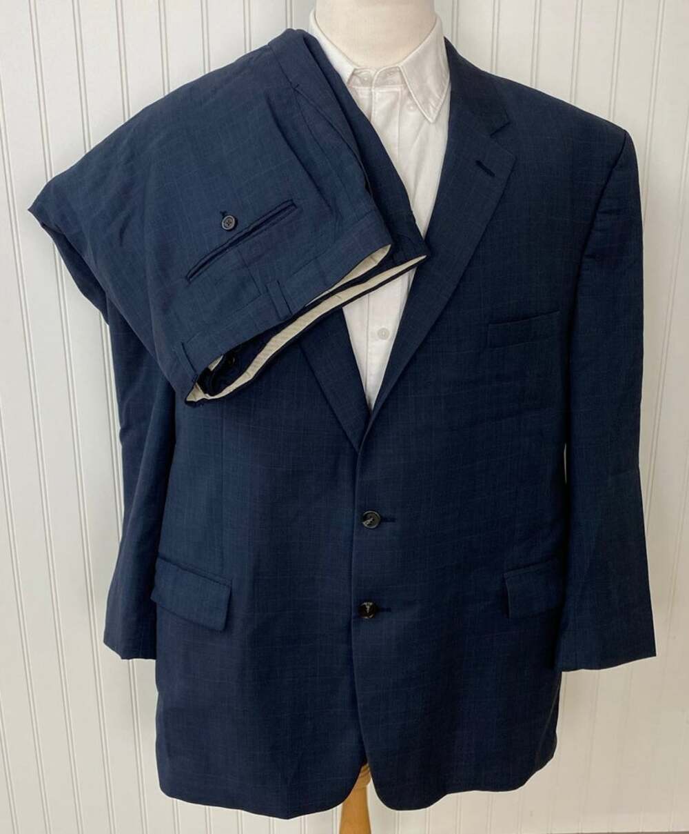 Men Lauren Ralph Lauren plaid pleated 2-button 2-piece wool navy suit, 54R